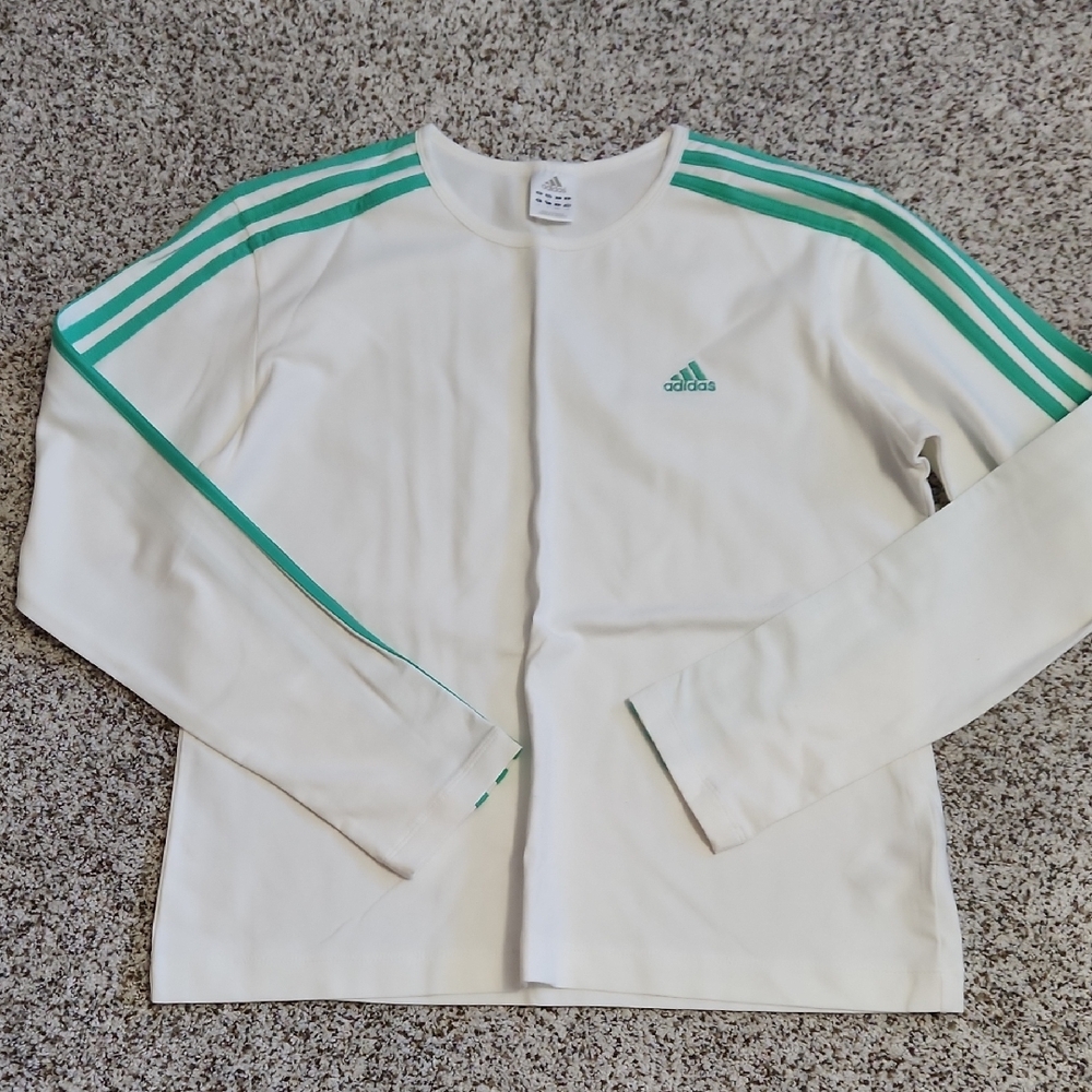 Adidas White Long Sleeved Tee with Teal Stripes